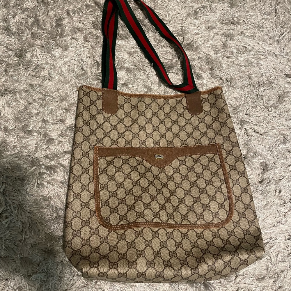 Gucci Beige and Brown Tote Bag with Red and Green Straps